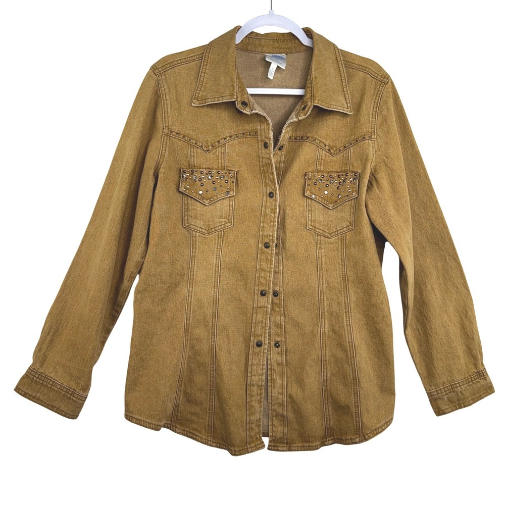 DG2 Diane Gilman Womens Brown Studded Rhinestone Western Ramie Cotton Jacket L